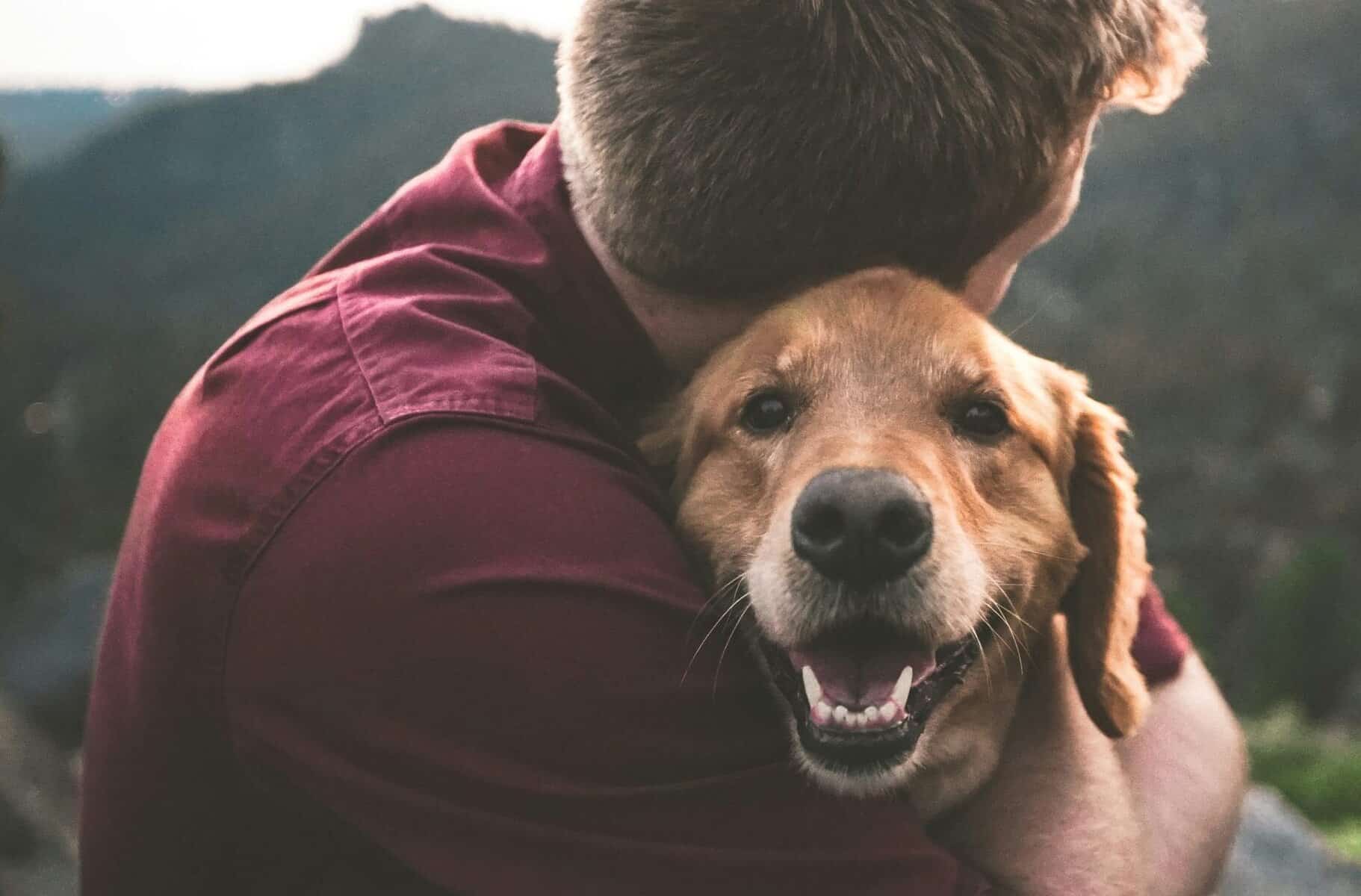 man hugging his dog for article on World Mental Health Day 2024 and the emotional benefits of pets
